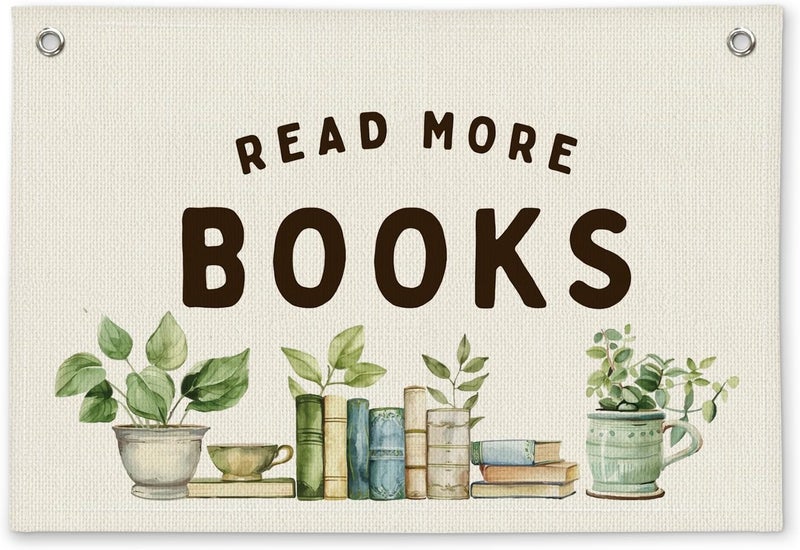 ETVISO Read More Books Botanical Reading Room Decor - Linen Banner Wall Hanging Canvas Banner Flag Decor for Kids Nursery Toddler Reading Corner Nook Classroom Library - Image 1